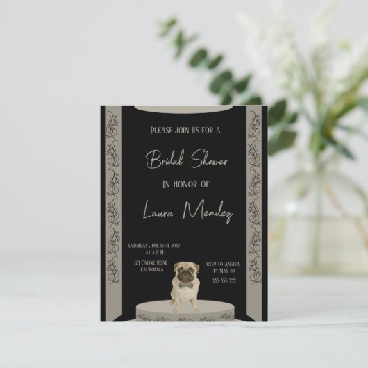 可愛エレガントいパグ犬のブライダルシャワー招待 (スタンド正面)