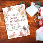 可愛エレガントいピンクのフローラ蝶12歳の誕生日 招待状