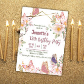 可愛エレガントいピンクのフローラ蝶13歳の誕生日 招待状
