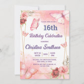可愛エレガントいピンクのフローラ蝶16歳の誕生日 招待状 (正面)