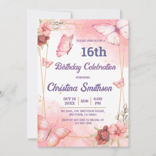 可愛エレガントいピンクのフローラ蝶16歳の誕生日 招待状 (正面)