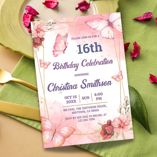可愛エレガントいピンクのフローラ蝶16歳の誕生日 招待状