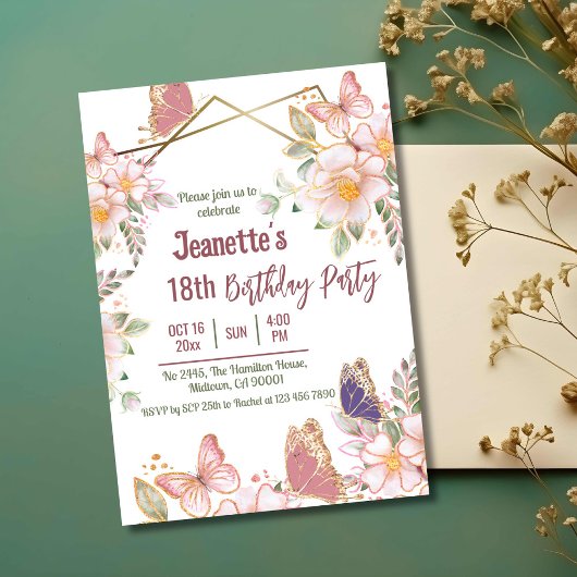 可愛エレガントいピンクのフローラ蝶18歳の誕生日 招待状