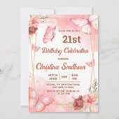 可愛エレガントいピンクのフローラ蝶21歳の誕生日 招待状 (正面)
