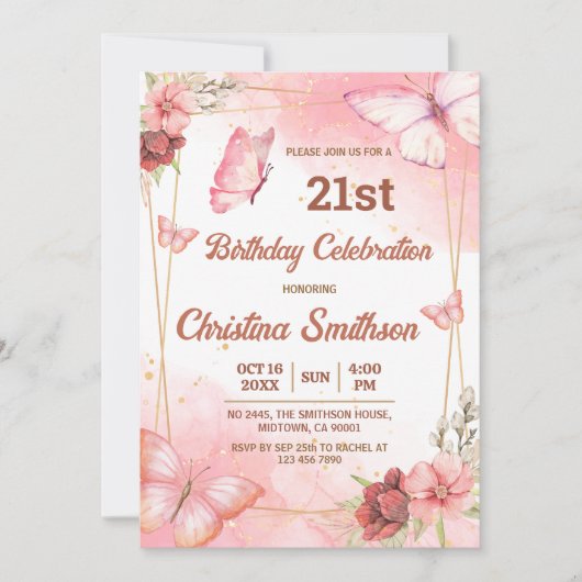 可愛エレガントいピンクのフローラ蝶21歳の誕生日 招待状 (正面)