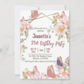 可愛エレガントいピンクのフローラ蝶21歳の誕生日 招待状 (正面)