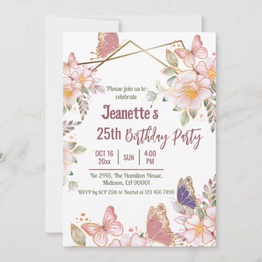 可愛エレガントいピンクのフローラ蝶25歳の誕生日 招待状 (正面)