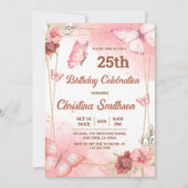 可愛エレガントいピンクのフローラ蝶25歳の誕生日 招待状 (正面)