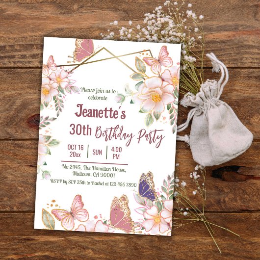 可愛エレガントいピンクのフローラ蝶30歳の誕生日 招待状