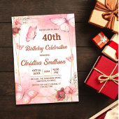 可愛エレガントいピンクのフローラ蝶40歳の誕生日 招待状