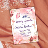 可愛エレガントいピンクのフローラ蝶45歳の誕生日 招待状