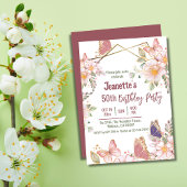 可愛エレガントいピンクのフローラ蝶50歳の誕生日 招待状