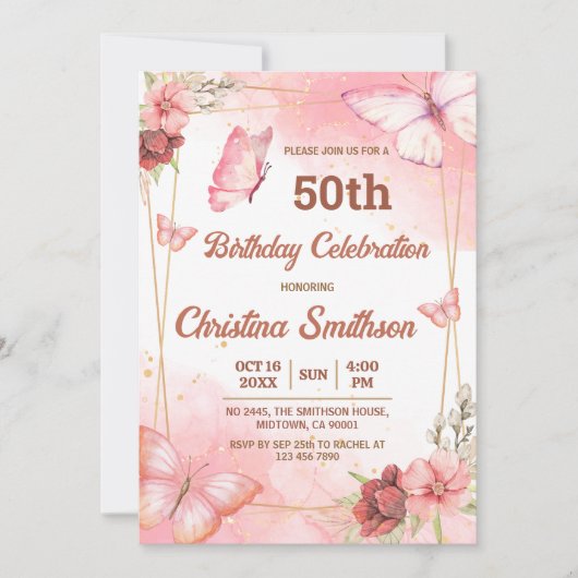 可愛エレガントいピンクのフローラ蝶50歳の誕生日 招待状 (正面)