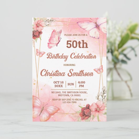 可愛エレガントいピンクのフローラ蝶50歳の誕生日 招待状 (スタンド正面)