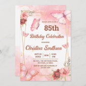 可愛エレガントいピンクのフローラ蝶85歳の誕生日 招待状 (正面/裏面)