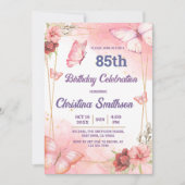 可愛エレガントいピンクのフローラ蝶85歳の誕生日 招待状 (正面)