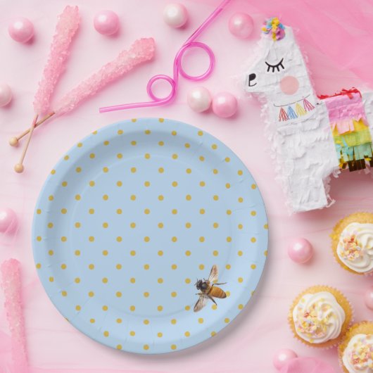 可愛エレガントいミツバチと青い金ゴールドの水玉模様 ペーパープレート (パーティー)