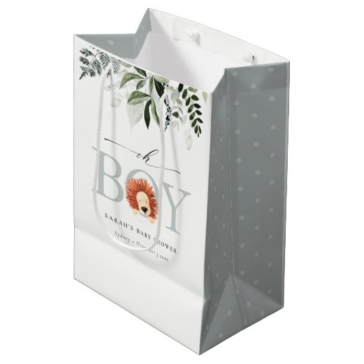 可愛エレガントいライオンの葉Oh男の子の赤ちゃんシャワー ミディアムペーパーバッグ (正面アングル)