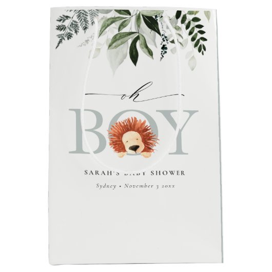 可愛エレガントいライオンの葉Oh男の子の赤ちゃんシャワー ミディアムペーパーバッグ (正面)