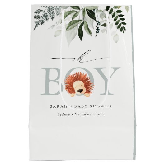 可愛エレガントいライオンの葉Oh男の子の赤ちゃんシャワー ミディアムペーパーバッグ (裏面)