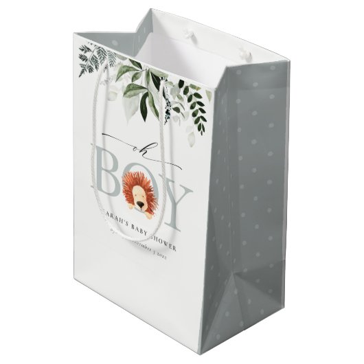 可愛エレガントいライオンの葉Oh男の子の赤ちゃんシャワー ミディアムペーパーバッグ (裏面アングル)