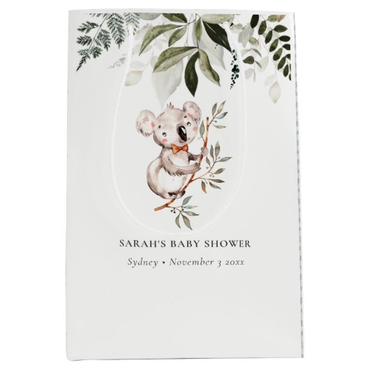 可愛エレガントい可愛らしいコアラの葉ベビーシャワー ミディアムペーパーバッグ (正面)