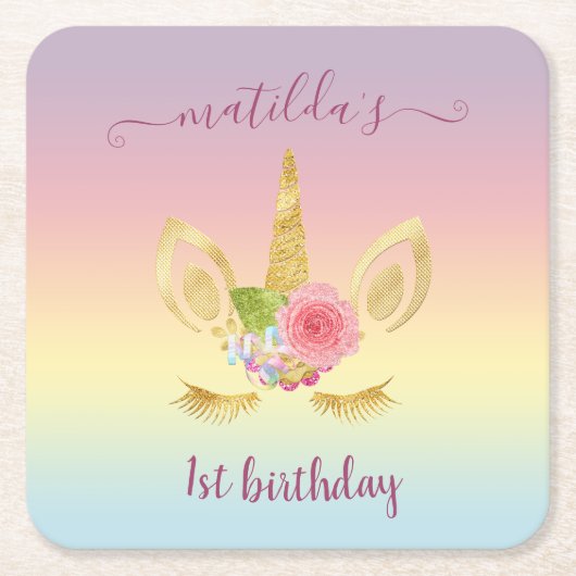 可愛エレガントい最初の誕生日金ゴールドグリッターユニコーン スクエアペーパーコースター (正面)