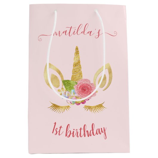 可愛エレガントい最初の誕生日金ゴールドグリッターユニコーン ミディアムペーパーバッグ (正面)