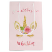 可愛エレガントい最初の誕生日金ゴールドグリッターユニコーン ミディアムペーパーバッグ (裏面)