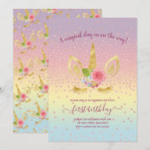 可愛エレガントい最初の誕生日金ゴールドグリッターユニコーン 招待状 (正面/裏面)