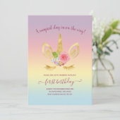 可愛エレガントい最初の誕生日金ゴールドグリッターユニコーン 招待状 (スタンド正面)