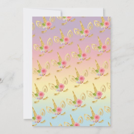 可愛エレガントい最初の誕生日金ゴールドグリッターユニコーン 招待状 (裏面)