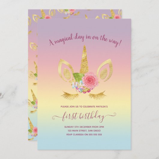 可愛エレガントい最初の誕生日金ゴールドグリッターユニコーン 招待状 (正面/裏面)