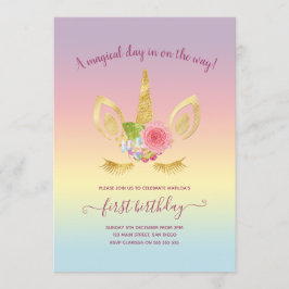 可愛エレガントい最初の誕生日金ゴールドグリッターユニコーン 招待状