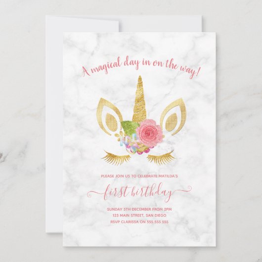 可愛エレガントい最初の誕生日金ゴールドグリッターユニコーン 招待状 (正面)