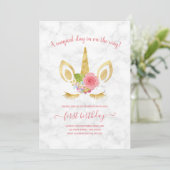 可愛エレガントい最初の誕生日金ゴールドグリッターユニコーン 招待状 (スタンド正面)