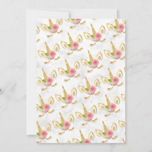 可愛エレガントい最初の誕生日金ゴールドグリッターユニコーン 招待状 (裏面)