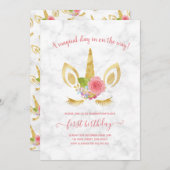 可愛エレガントい最初の誕生日金ゴールドグリッターユニコーン 招待状 (正面/裏面)