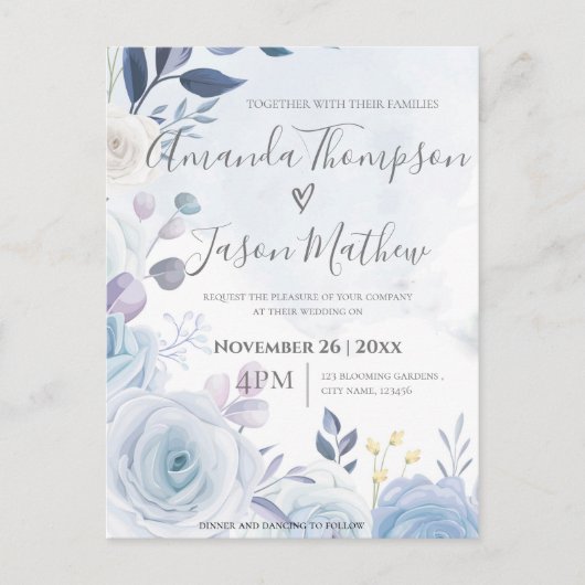 可愛エレガントい水彩埃っぽいブルーフローラ結婚 インビテーションポストカード (正面)