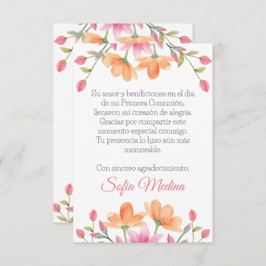 可愛エレガントい水彩花が咲きスペインのた サンキューカード (正面/裏面)