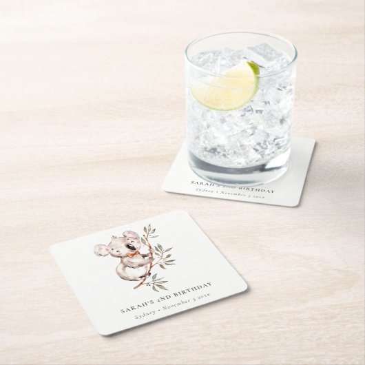 可愛エレガントい眠いコアラ葉Any Age誕生日 スクエアペーパーコースター (インサイチュ)