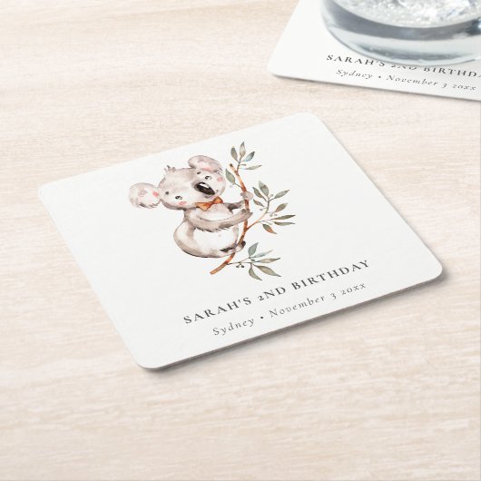 可愛エレガントい眠いコアラ葉Any Age誕生日 スクエアペーパーコースター (アングル)