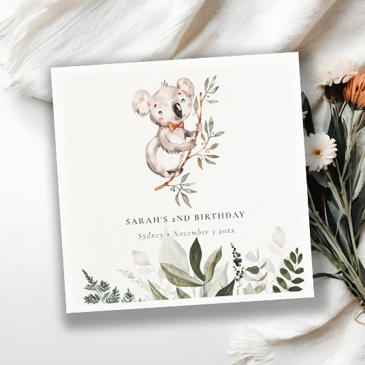 可愛エレガントい眠いコアラ葉Any Age誕生日 スタンダードカクテルナプキン