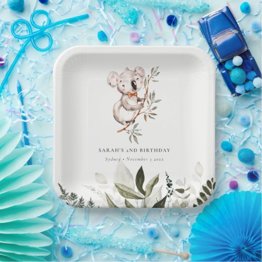 可愛エレガントい眠いコアラ葉Any Age誕生日 ペーパープレート (パーティー)