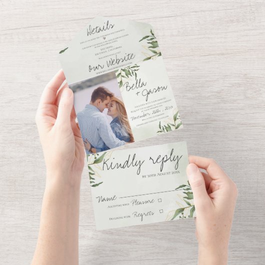 可愛エレガントい緑の葉モノグラム結婚写真 オールインワン招待状 (貼ってはがせる)