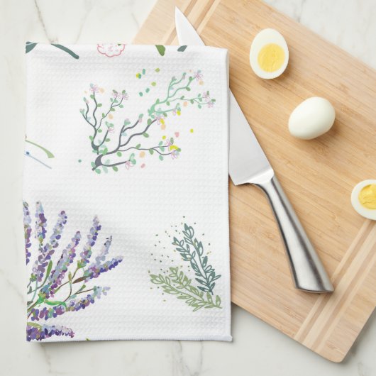 可愛エレガントい緑葉と白い植物 キッチンタオル (四つ折り)