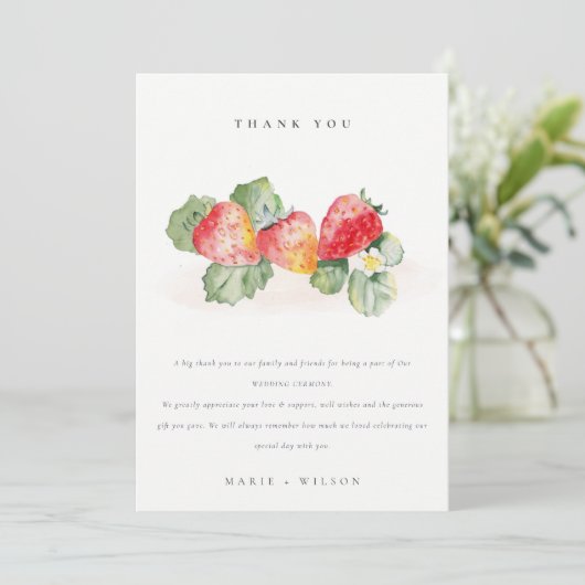 可愛エレガントい赤いちご葉結婚葉 サンキューカード (スタンド正面)