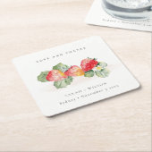 可愛エレガントい赤いちご葉結婚葉 スクエアペーパーコースター (アングル)