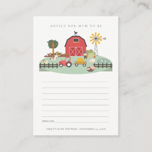 可愛エレガントい赤納屋周囲の庭農場動物の赤ちゃんシャワー エンクロージャーカード (正面)