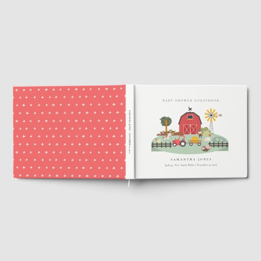 可愛エレガントい赤納屋周囲の庭農場動物の赤ちゃんシャワー ゲストブック (全面)
